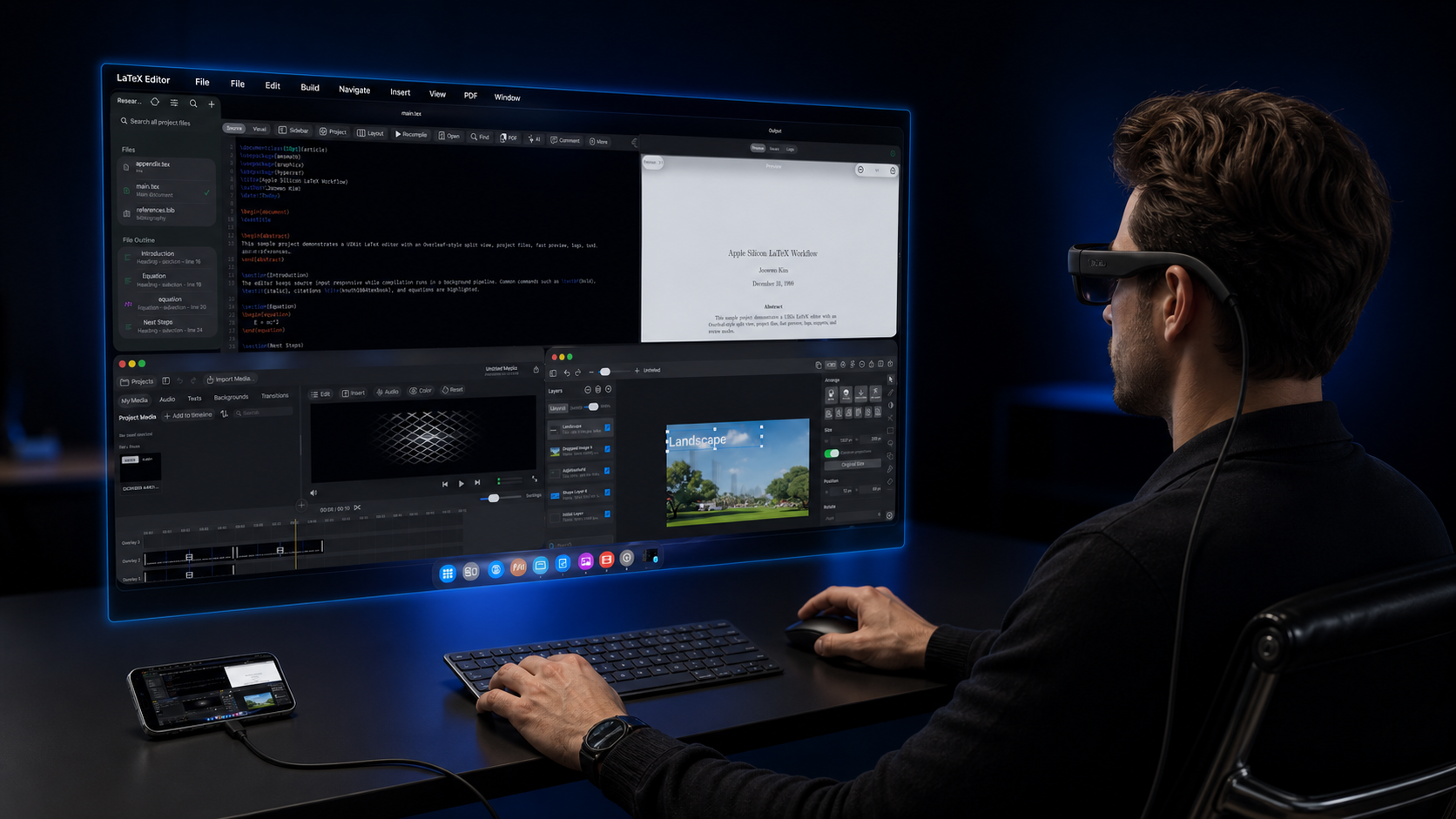 A professional using InfiniteX2P Pro from an iPhone connected to display-style AR glasses, with a physical keyboard and mouse