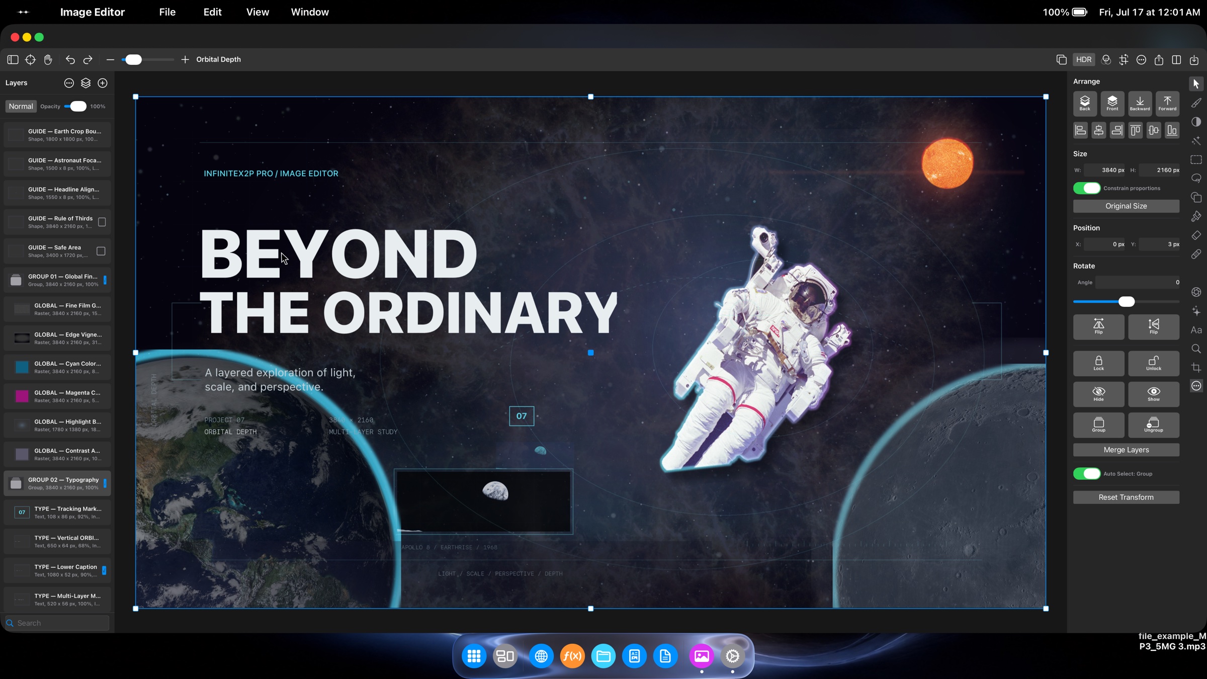 InfiniteX2P Pro Image Editor showing a layered space-themed composition