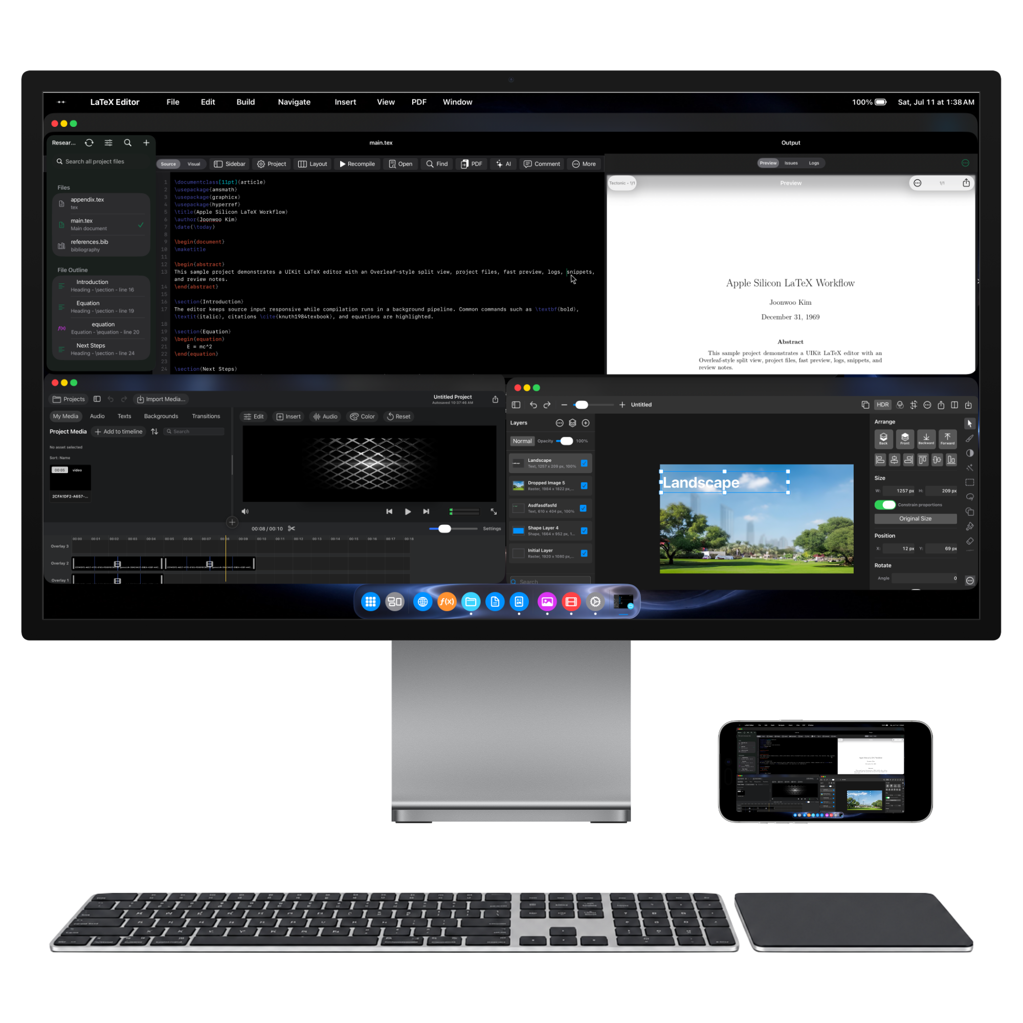 An iPhone powering an InfiniteX2P Pro multi-window creative desktop on an external monitor