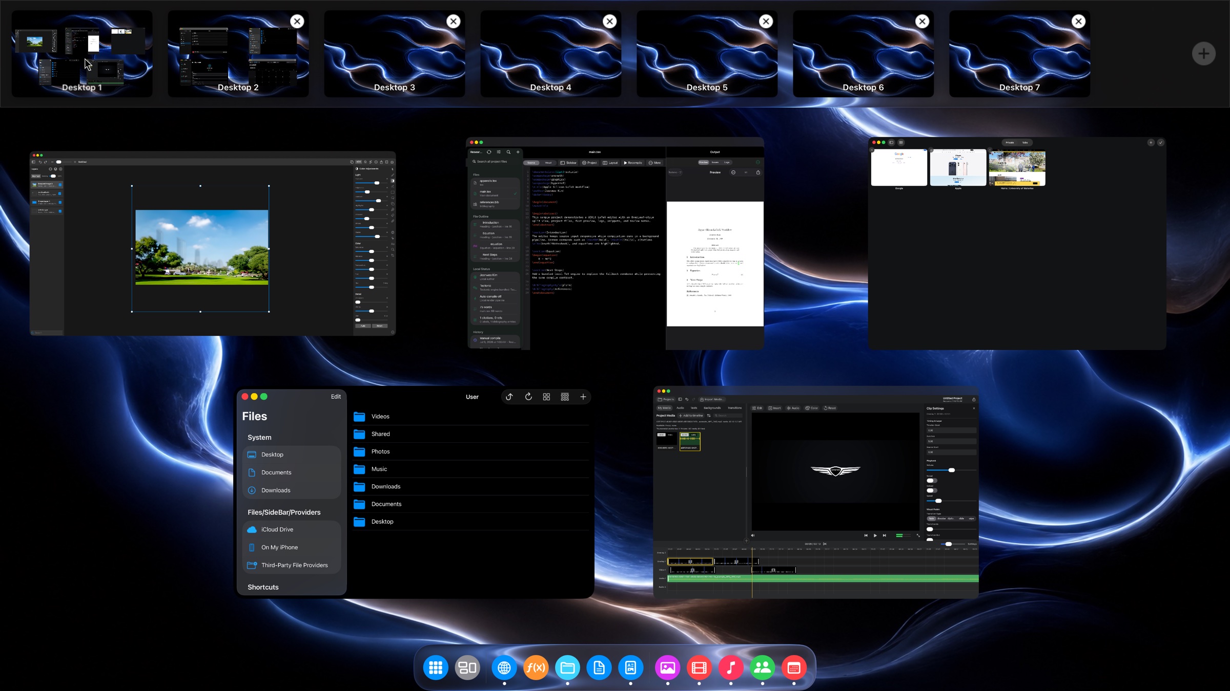 Mission Control in InfiniteX2P Pro showing seven desktops and five open app windows