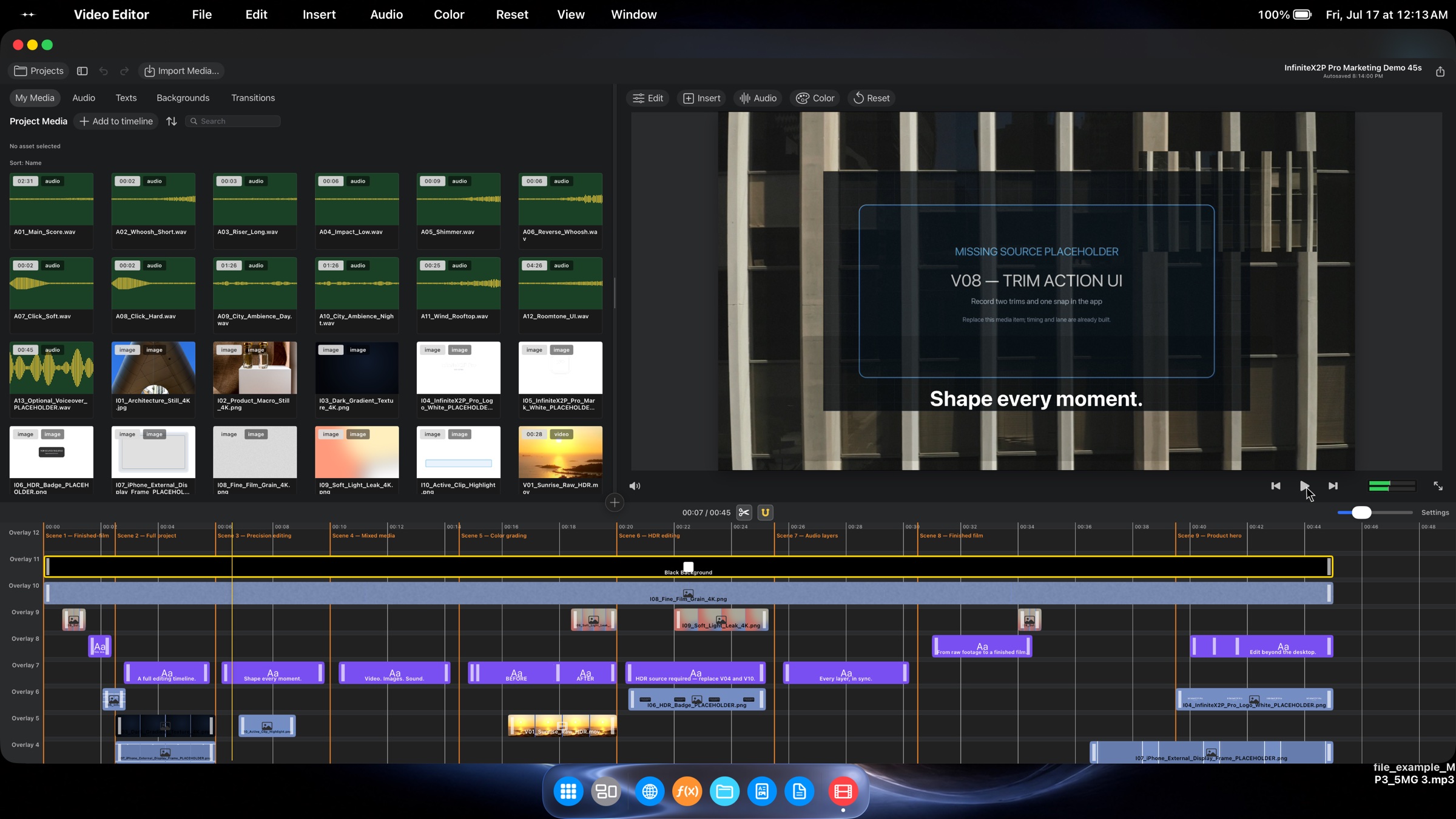 InfiniteX2P Pro Video Editor with media browser, viewer, and multi-layer timeline